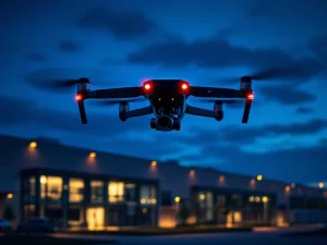 Zwarte surveillance drone met gekleurde lampjes boven moderne industriële faciliteit bij schemering