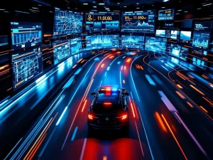 Zwart surveillancevoertuig met zwaailichten rijdt door nachtelijke stad met digitale routelijnen en GPS-tracking overlay