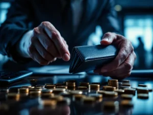 Zakenman reikt naar portemonnee met schaduwfiguren op achtergrond, munten en rekenmachine suggereren verborgen kosten