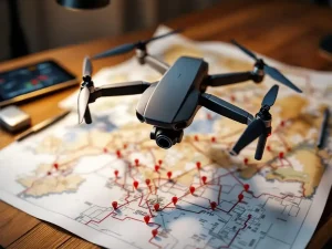 Professionele beveiligingsdrone boven topografische kaart met vluchtroutes, GPS-tablet en rode markeringspinnen op houten bureau