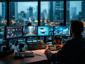 Beveiligingsoperator monitort dronebeelden op controlecentrum met kostenanalyse documenten en moderne technologie