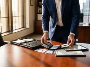 Zakenvrouw in marineblauw pak onderzoekt beveiligingsbadges en certificaten op mahoniehout vergadertafel