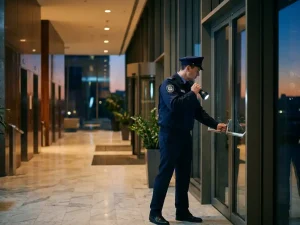 Beveiligingsbeambte in marineblauw uniform patrouilleerd met zaklamp door moderne glazen kantoorlobby bij schemering