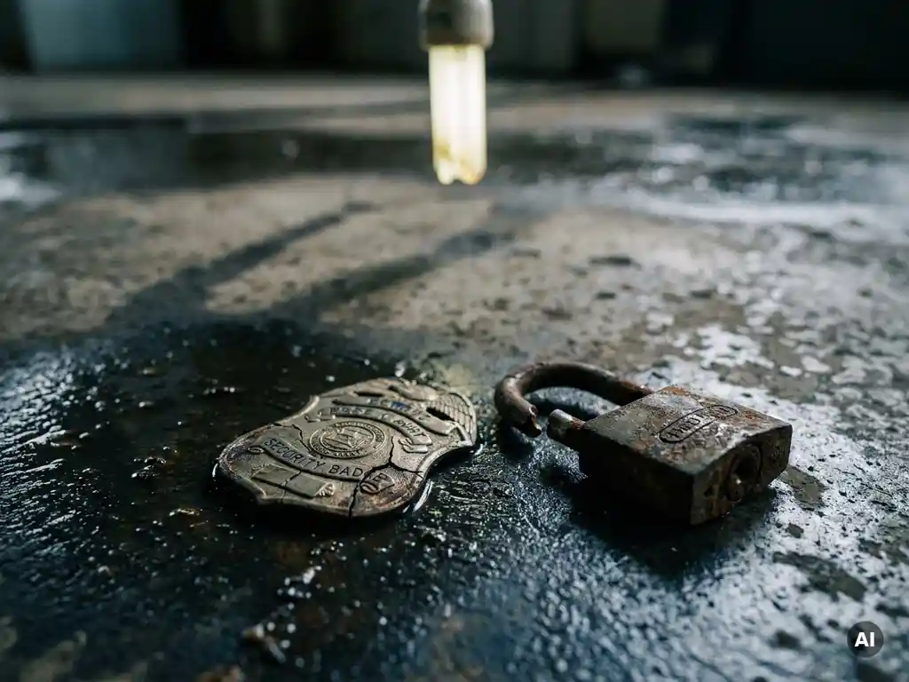 beveiligingsbadge-gebarsten-hangslot-beton.jpg Verroest hangslot met gebroken beugel naast een beschadigd beveiligingsbadge op nat beton, gefilmd in staal grijs en marine blauw.