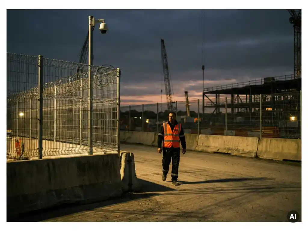 bewaker-bouwplaats-beveiliging-infrastructuur.jpg Beveiliger in oranje hesje patrouilleert bij schemering langs betonnen barriers en stalen hekken op grote bouwplaats, bewakingscamera op paal op voorgrond.