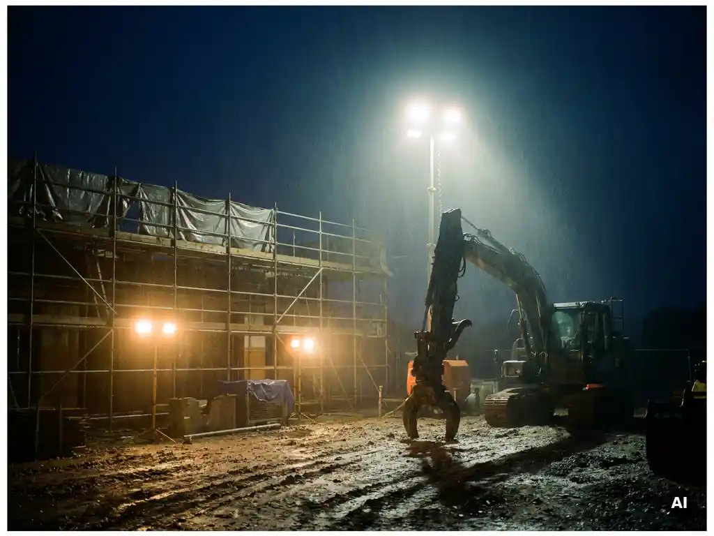 bouwplaats-nacht-schijnwerper-steigers-duisternis.jpg Beveiligingsschijnwerper verlicht steigers en zwaar materieel op een nachtelijke bouwplaats, dramatische schaduwen op modderige grond.