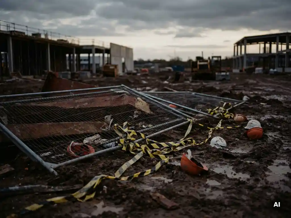 bouwplaats-omheining-gevallen-veiligheid-risico.jpg Omgevallen bouwplaatshek op modderige grond bij schemering, met verstrikt waarschuwingslint en verspreide helmen.
